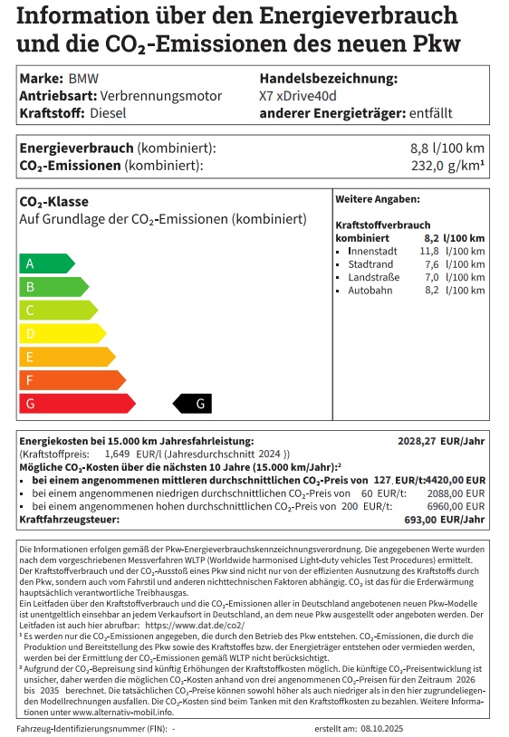 Ein Etikett zeigt die Verbrauchs- und Emissionsdaten eines neuen BMW X7 xDrive40i. Angetrieben von einem Benzin-Verbrennungsmotor, liegt der kombinierte Verbrauch bei 10,6 l/100 km und die CO2-Emissionen bei 240,0 g/km, was der Effizienzklasse G entspricht. Detaillierte Angaben zum Kraftstoffverbrauch für Stadt, Stadtrand, Landstraße und Autobahn sind ebenfalls aufgeführt. Die jährlichen Energiekosten betragen 2855,64 EUR (bei einem Benzinpreis von 1,80 EUR/l, Stand Juni 2024). Die möglichen CO2-Kosten über zehn Jahre variieren je nach angenommenem CO2-Preis zwischen 2160,00 EUR und 7200,00 EUR. Die jährliche Kraftfahrzeugsteuer beläuft sich auf 500,00 EUR. Ein umfangreicher Disclaimer erklärt die Methodik und weist darauf hin, dass die Werte nach WLTP ermittelt wurden und Abweichungen möglich sind. Das Dokument wurde am 04.07.2025 erstellt.