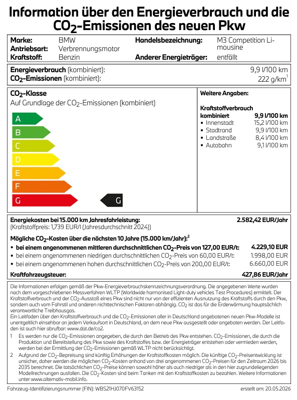 Das Label zeigt die technischen Daten und die CO2-Klasse für die BMW M3 Competition Limousine