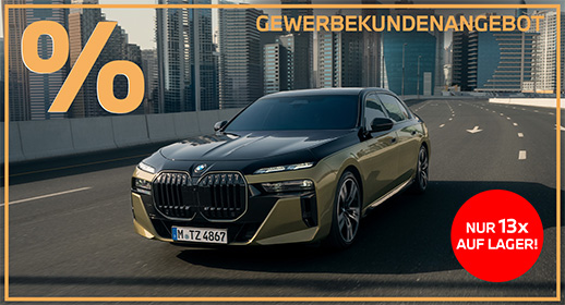 Das Bild ist ein Werbebanner für ein „Gewerbekundenangebot“, das das schwarz-goldene BMW 7er-Motiv nutzt. Es ist mit einem orangefarbenen Rahmen versehen und enthält ein großes Prozentzeichen oben links, den Angebots-Schriftzug oben rechts sowie einen auffälligen roten Kreis unten rechts mit dem Hinweis „NUR 13x AUF LAGER!“.
