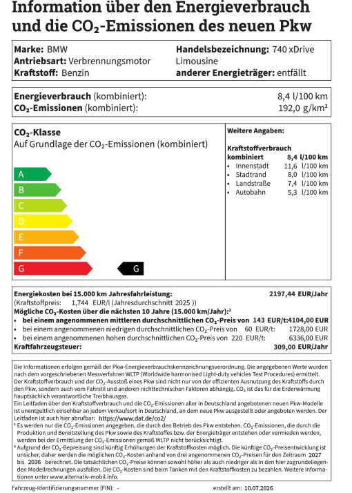 Das hochgeladene Dokument ist ein offizielles Pkw-Label für eine BMW 740 xDrive Limousine. 