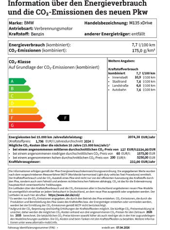 Hier werden die Verbrauchs- und Emissionswerte für den BMW M135 xDrive aufgeführt.