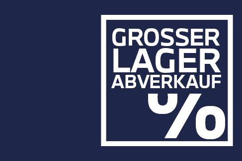 Innerhalb des weißen Rahmens steht in markanten weißen Großbuchstaben „GROSSER LAGERABVERKAUF“, wobei das Prozentzeichen ($\%$) hier deutlich massiver und prominent in der unteren rechten Ecke platziert ist